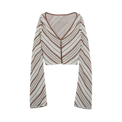Cinnamin Colored Veritcal Striped Knitted Cardigan Top
