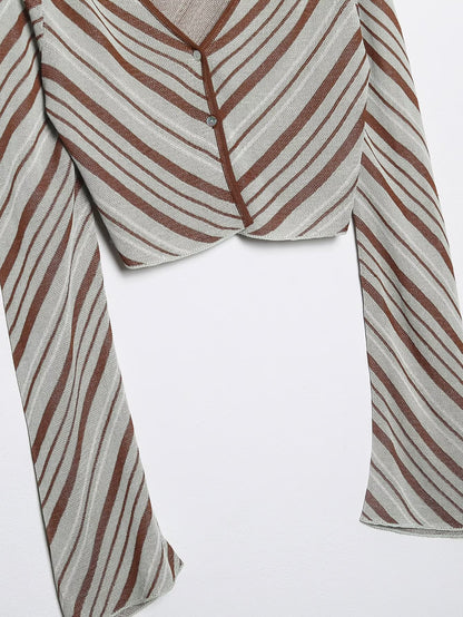 Cinnamin Colored Veritcal Striped Knitted Cardigan Top