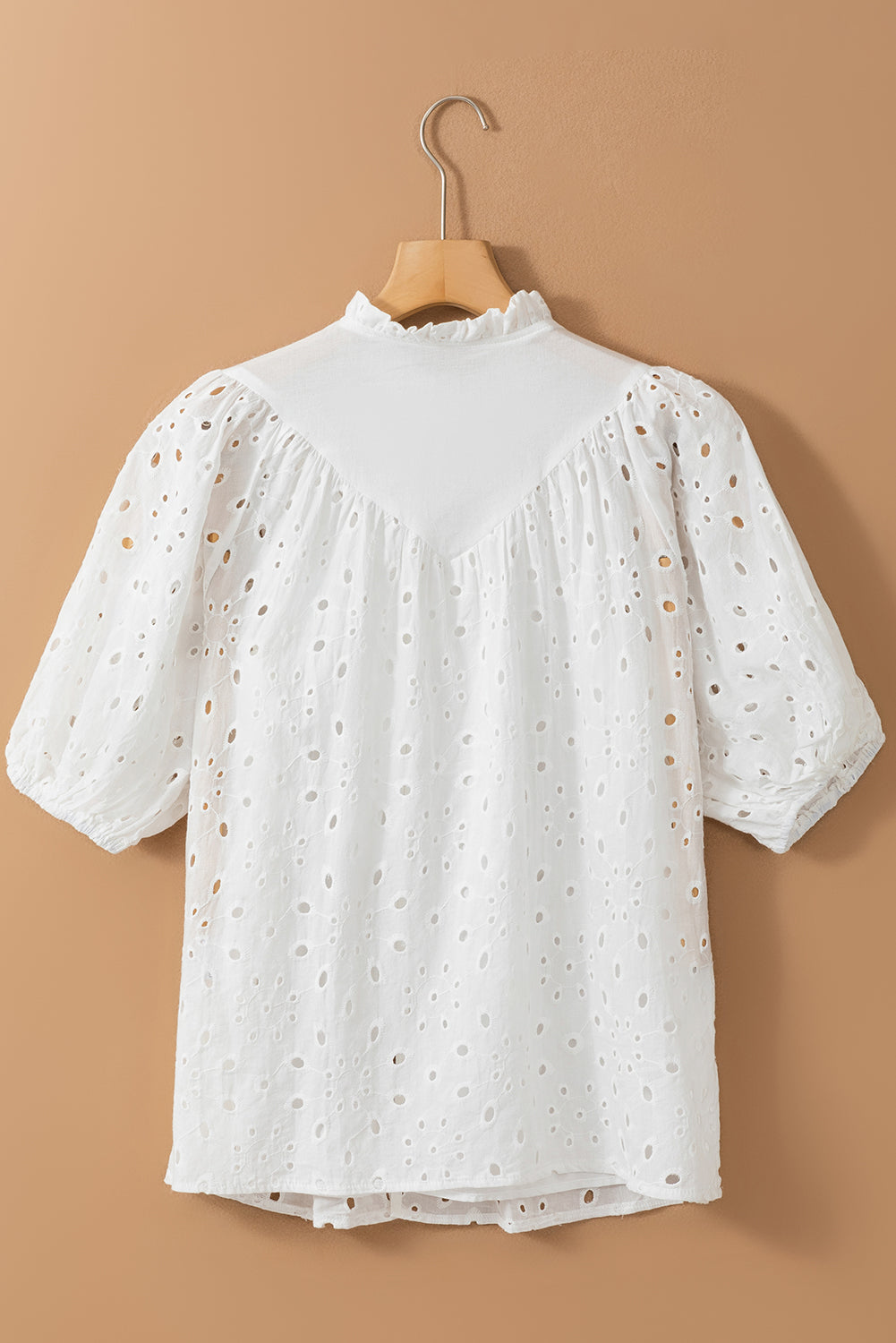 White Flower Embroidered Hollow-out Puff Sleeve Blouse