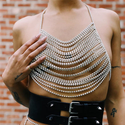 Rhinestone Cutout Tassel Multi Layer Long Necklace
