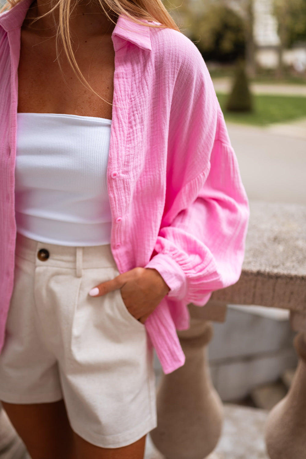 Barbie Pink  Puff Sleeve Crinkled Shirt