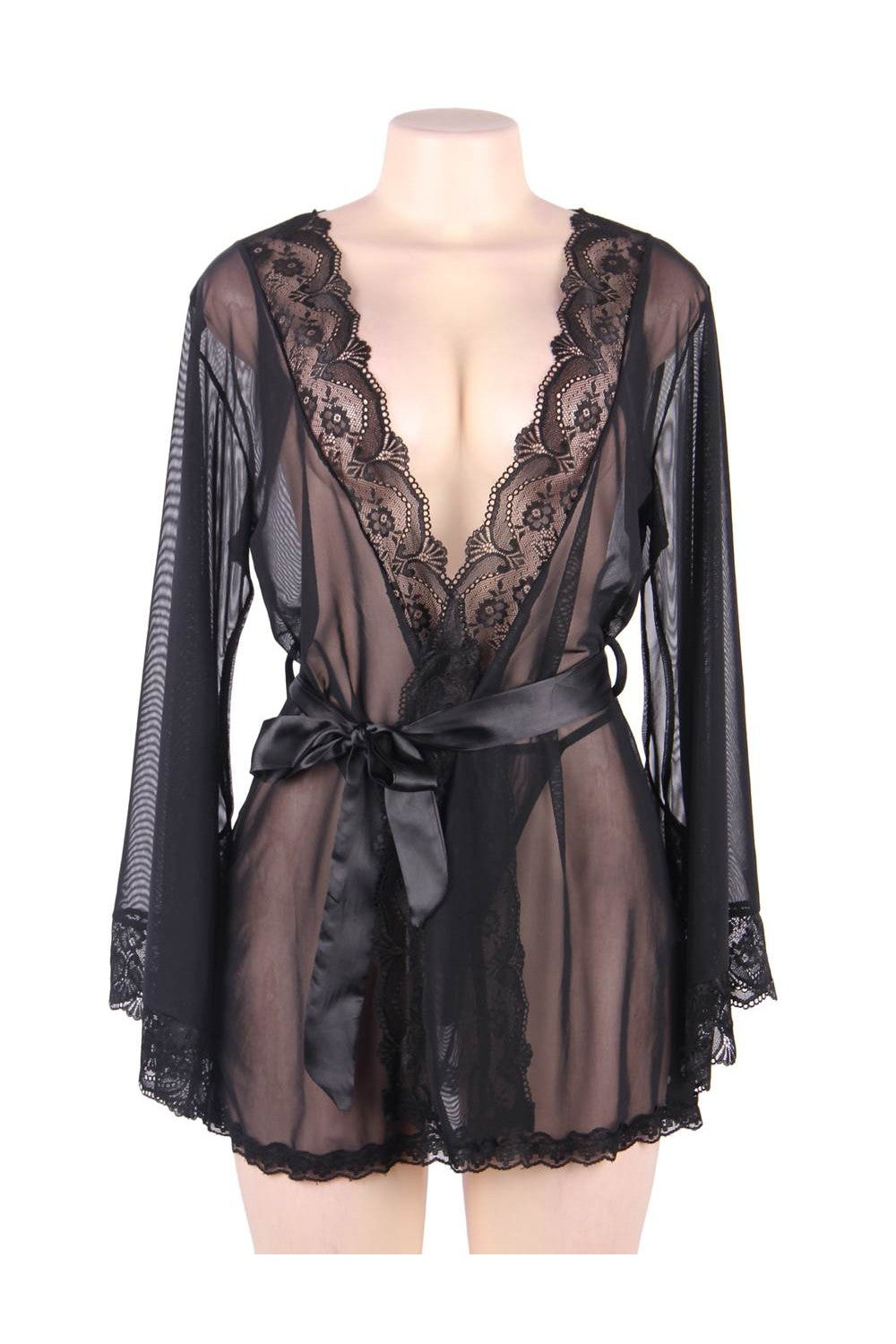 Sexy Long Bell Sleeve mesh Robe Sleepwear With Belt