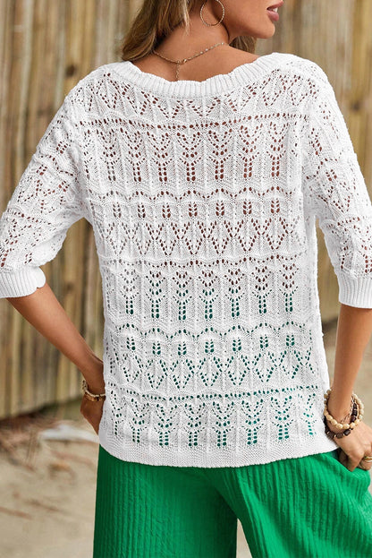 White Frenchy Hollow Out Knitted V Neck Cardigan