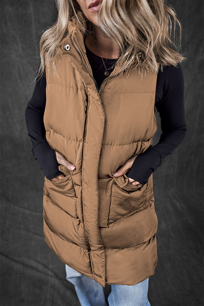 Camel Color  Longline Full Zipper Puffer Vest with Pockets