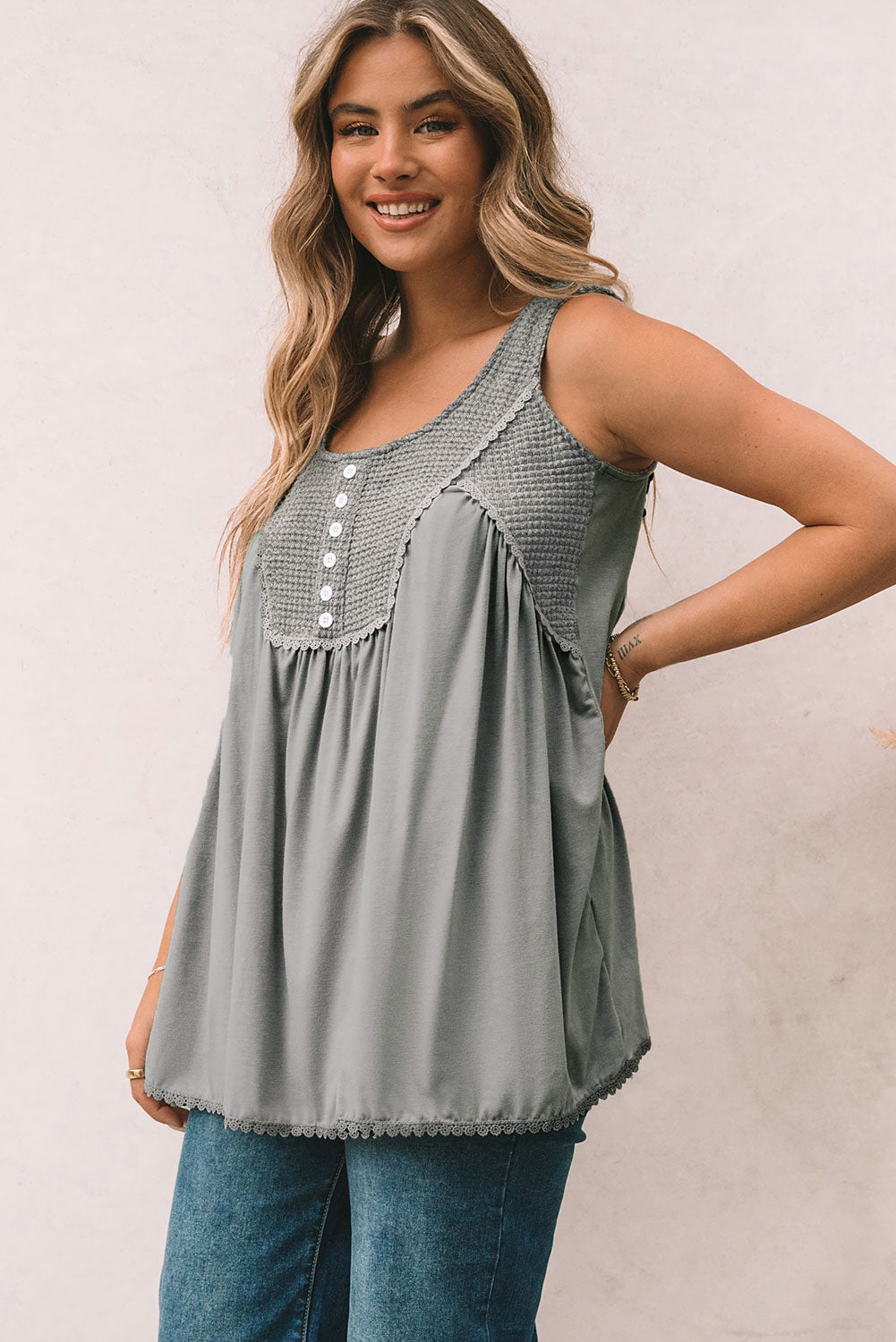 Thermal Knit Panel Babydoll Tank Top