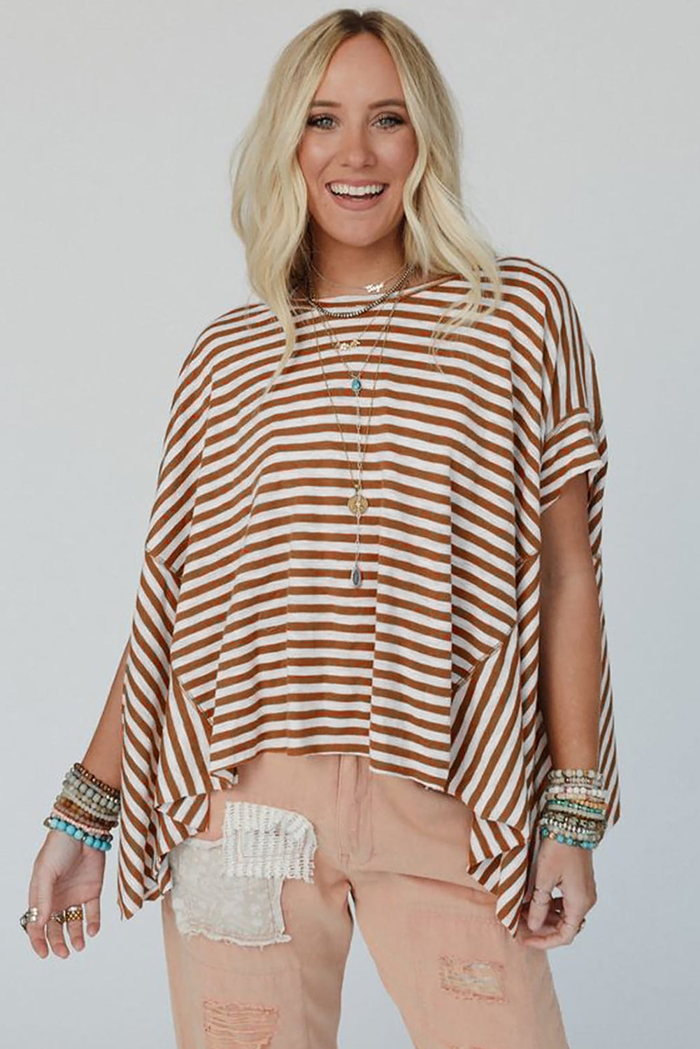 Khaki Stripe Batwing Sleeve Crewneck Oversized Top