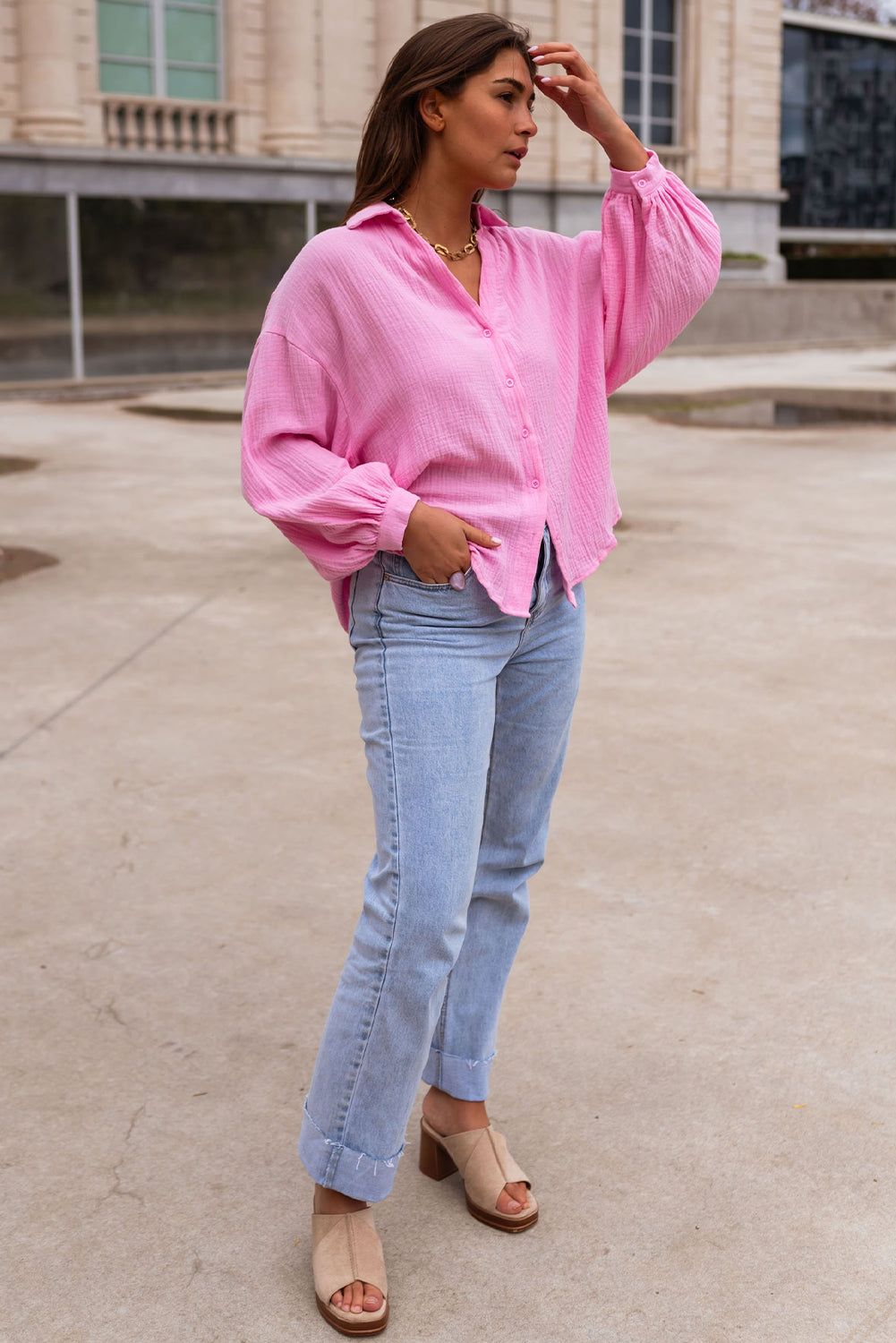 Barbie Pink  Puff Sleeve Crinkled Shirt