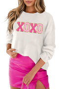 White XOXO Glitter Print Round Neck Casual Sweater