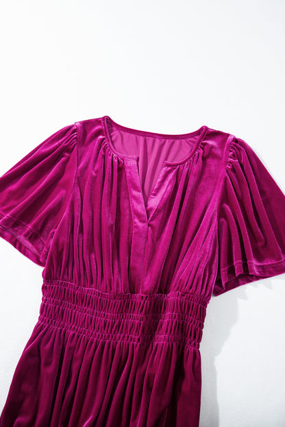 Magenta   Velvet Short Sleeve Shirred Waist Tiered Maxi Dress