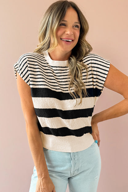 Black white Striped O Neck Sweater top