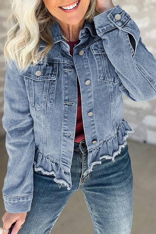 Denim Blue Ruffle Raw Hem Jacket