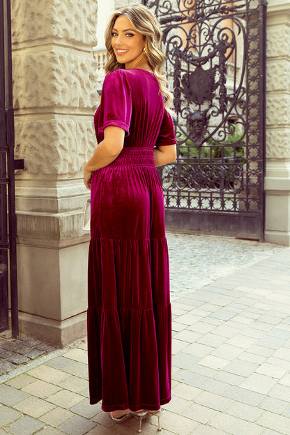 Magenta   Velvet Short Sleeve Shirred Waist Tiered Maxi Dress