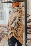 Leopard Plus Size Tasseled Hem Draped Poncho