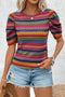 Rose Red Multicolor Jacquard Geo Patterned Puff Sleeve T Shirt