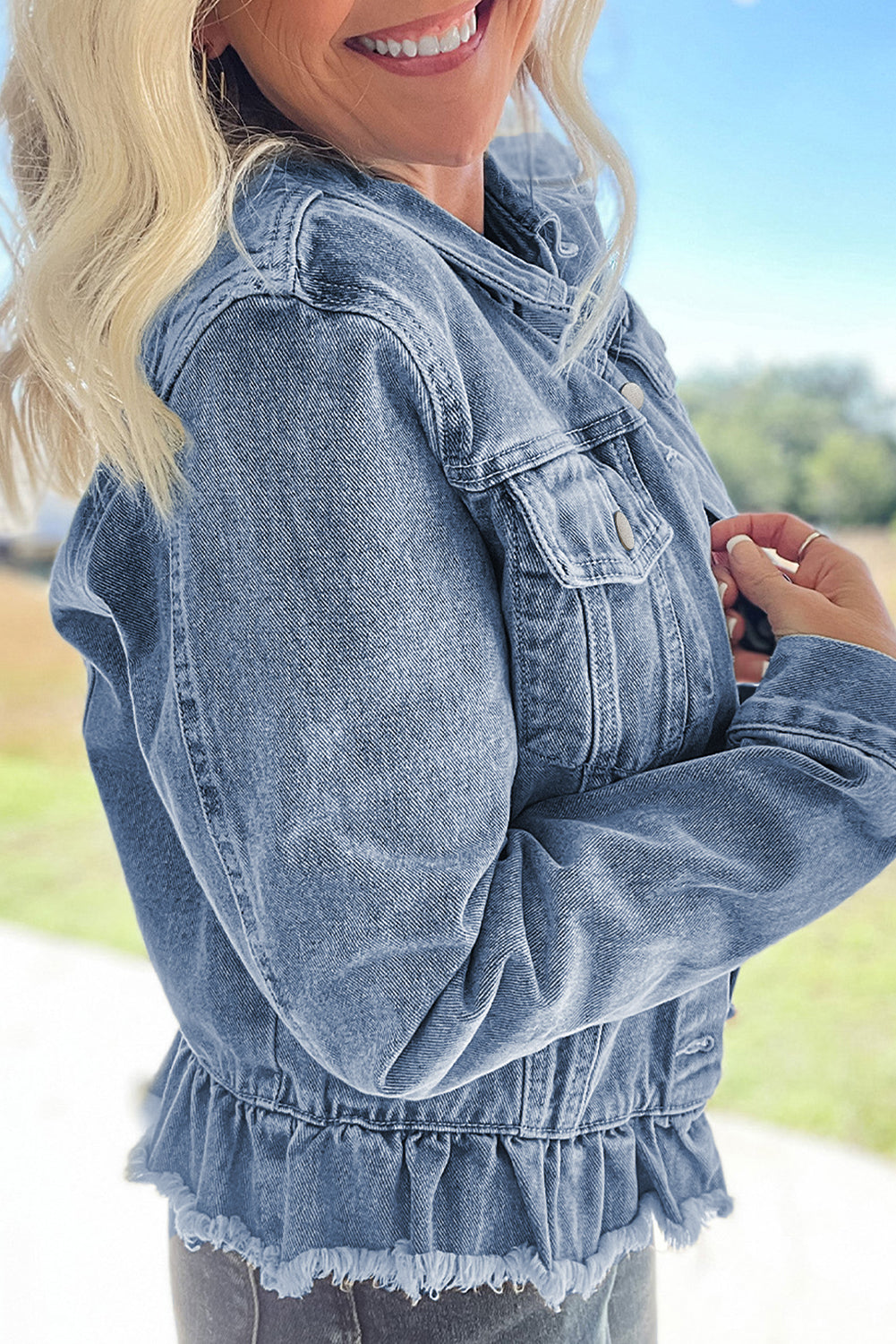 Denim Blue Ruffle Raw Hem Jacket