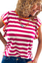 Rose Red Striped Ruffle Sleeve Crew Neck Blouse