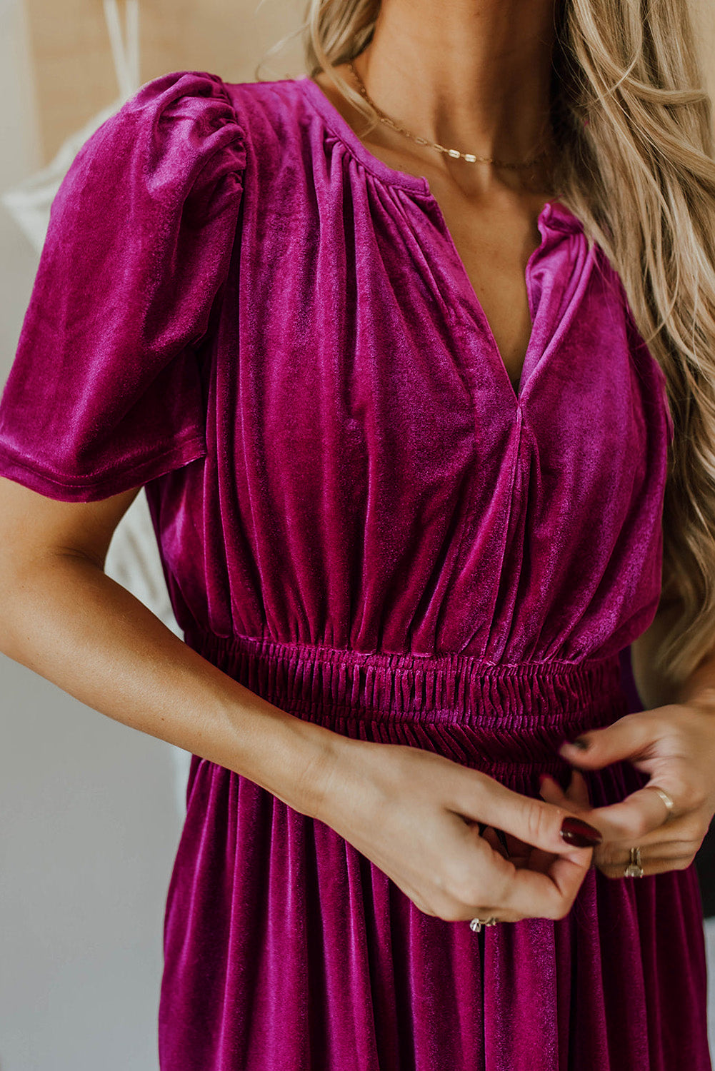 Magenta   Velvet Short Sleeve Shirred Waist Tiered Maxi Dress