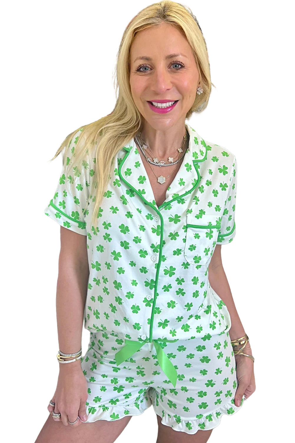 St. Patty's Green Clover Printed Short Sleeve and Ruffled Shorts Pajama Set