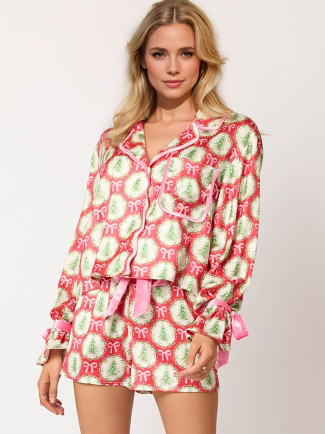 Santa Printed  Long Sleeve Top and Shorts Set Loungewear