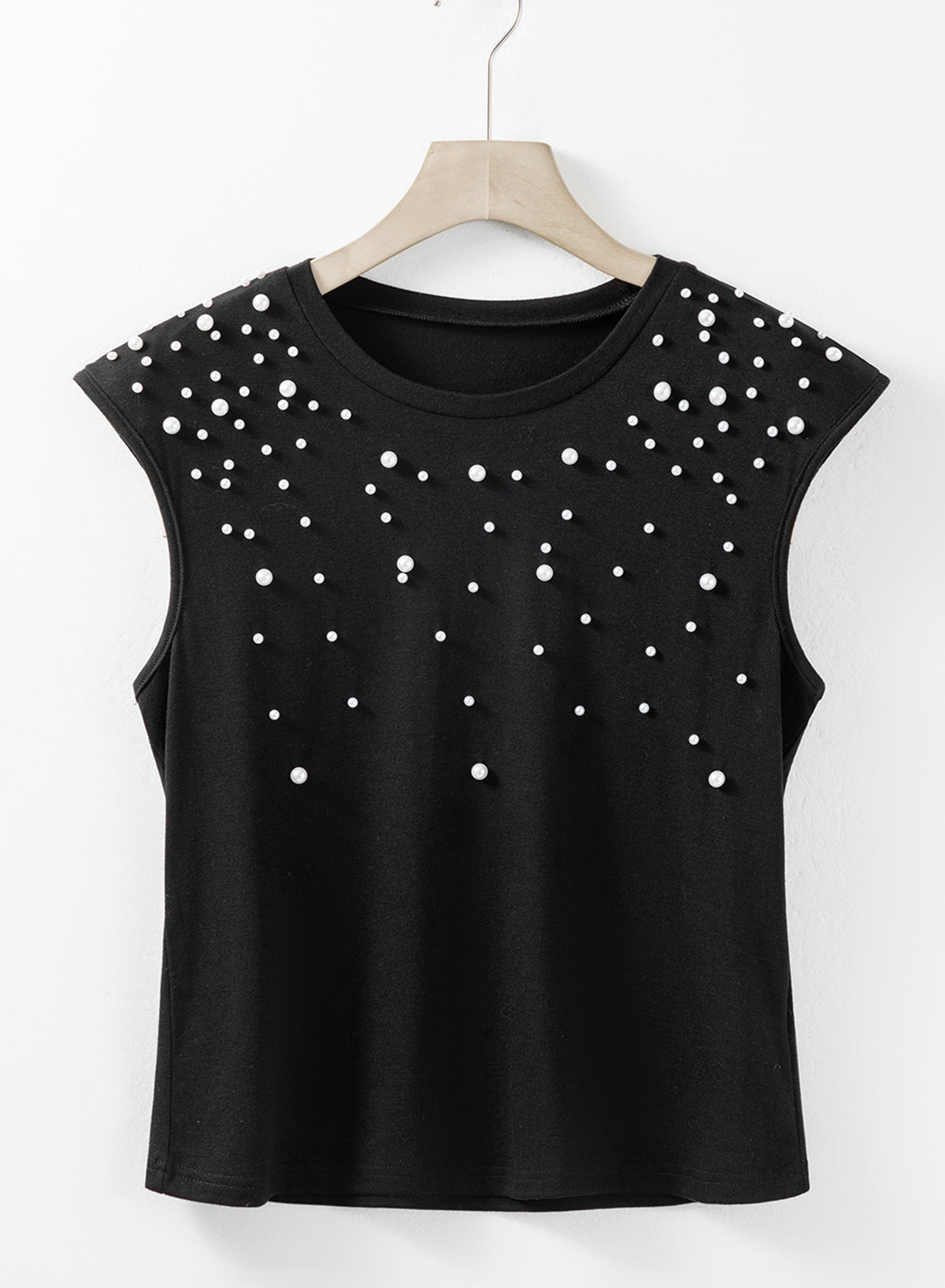 Black Pearls Beaded Shoulder Pad Crew Neck Tank Top