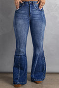 Dark Blue Plus Size Stitching Washed Flare Jeans