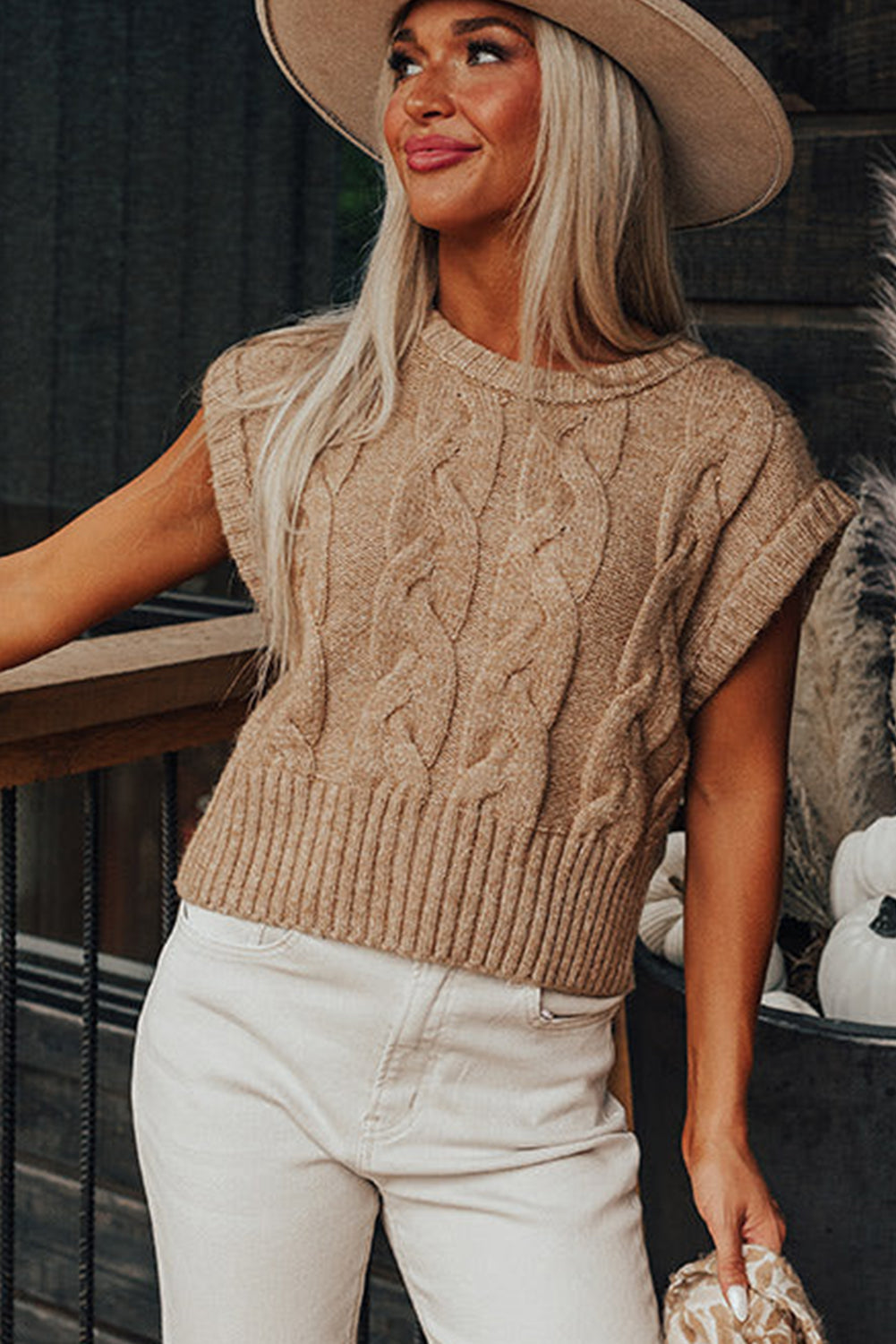 Light French Beige Cap Sleeve Cable Knit Sweater