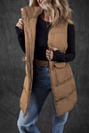 Camel Color  Longline Full Zipper Puffer Vest with Pockets