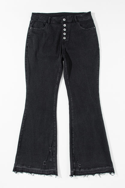 Black High Waist Button Front Flare Jeans