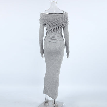 Sexy Slim Fit Cotton Knitted off Neck Sheath High Waist Dress Autumn Dress