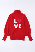 Racing Red Valentine LOVE Letter Embroidered High Neck Sweater