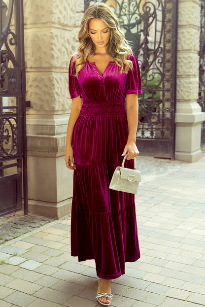 Magenta   Velvet Short Sleeve Shirred Waist Tiered Maxi Dress