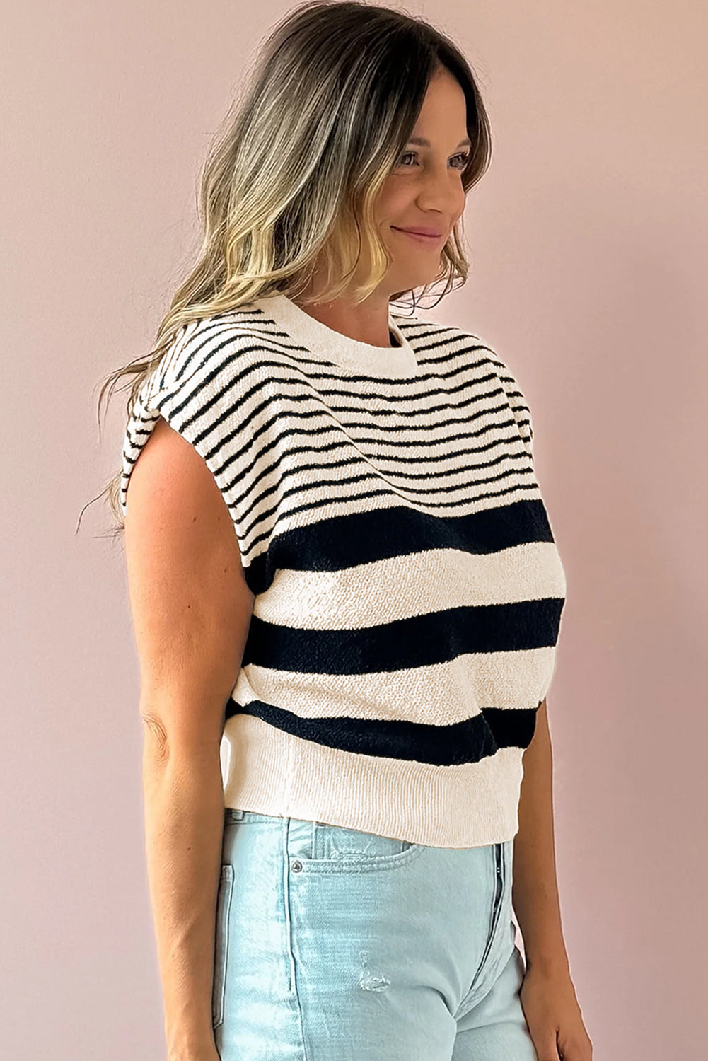 Black white Striped O Neck Sweater top