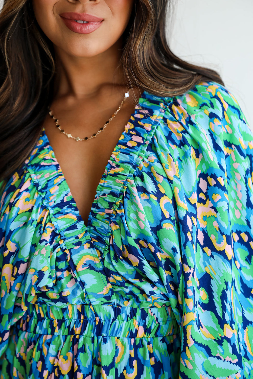 Green Abstract Print Puff Sleeve V Neck High Waist Romper