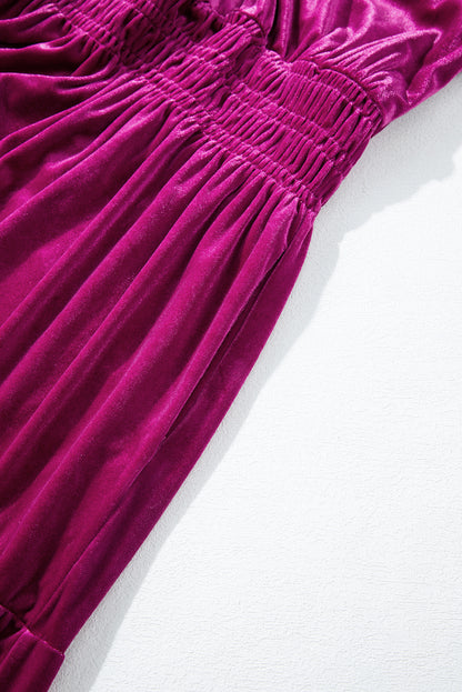 Magenta   Velvet Short Sleeve Shirred Waist Tiered Maxi Dress