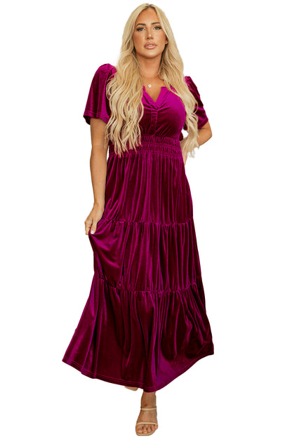 Magenta   Velvet Short Sleeve Shirred Waist Tiered Maxi Dress