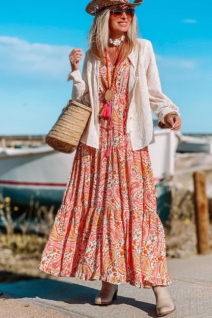 Boho Holiday Paisley Print Tiered Long Sleeve Maxi Dress