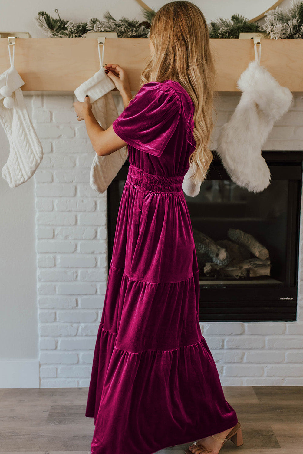 Magenta   Velvet Short Sleeve Shirred Waist Tiered Maxi Dress