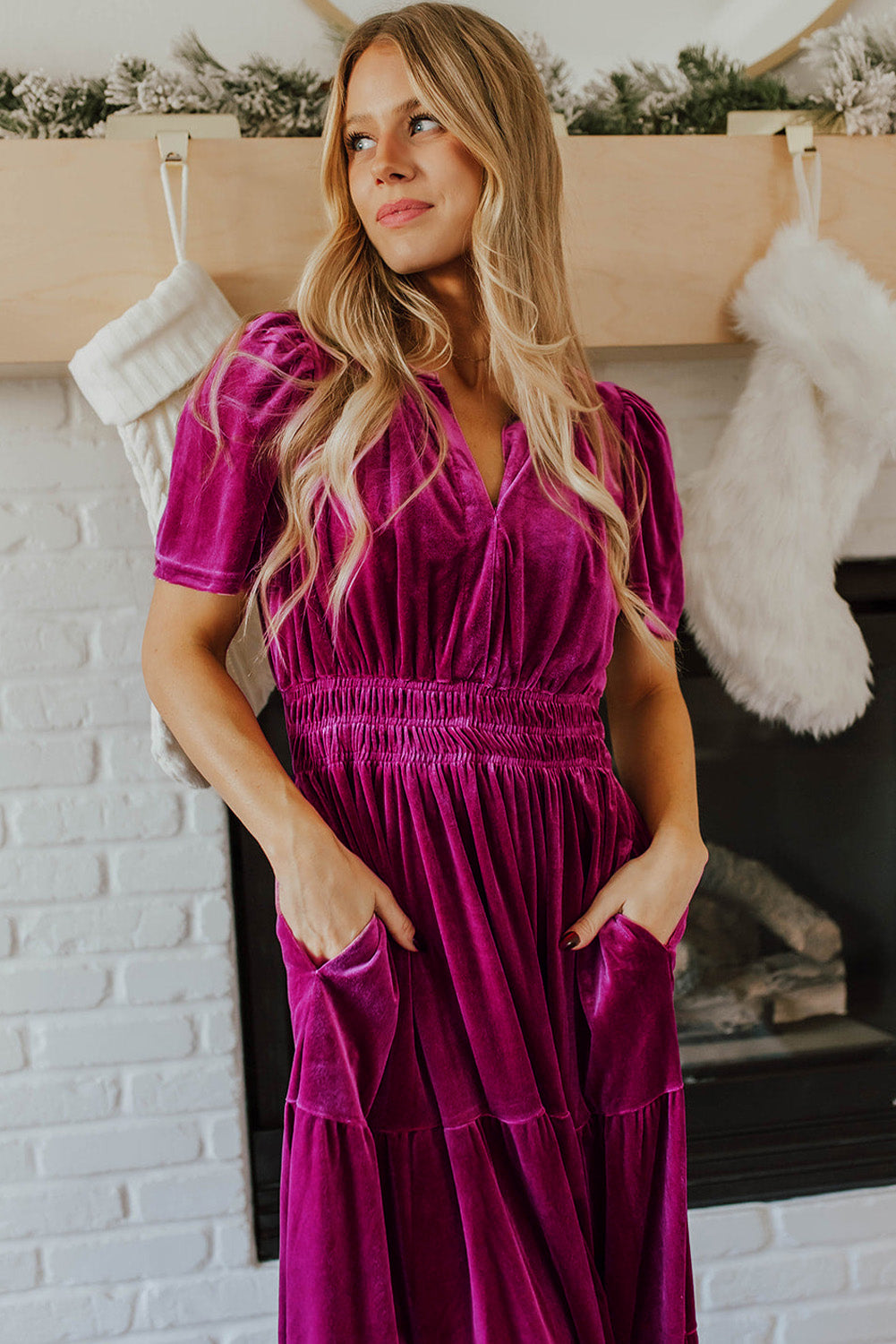 Magenta   Velvet Short Sleeve Shirred Waist Tiered Maxi Dress