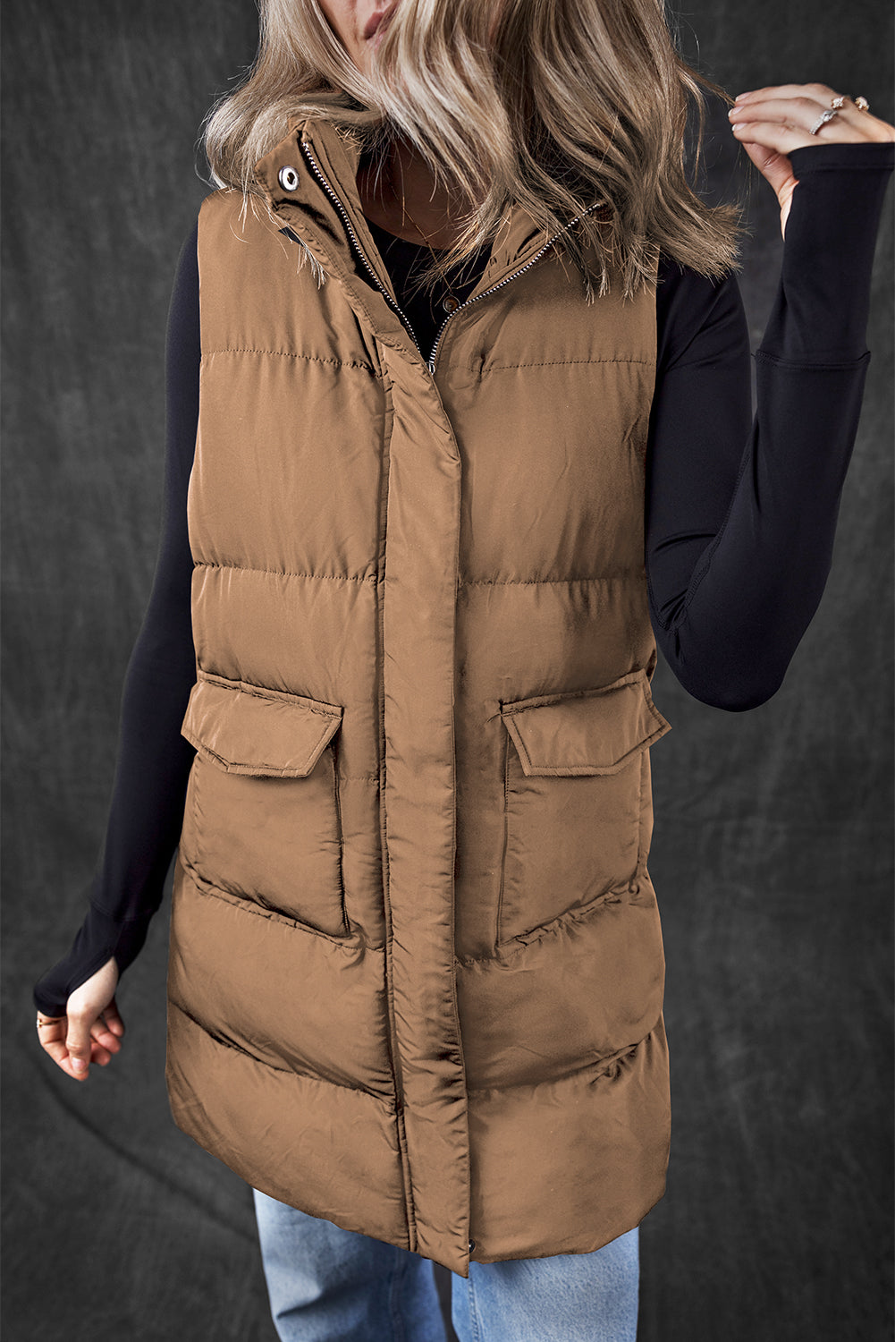 Camel Color  Longline Full Zipper Puffer Vest with Pockets