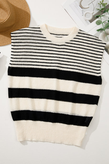 Black white Striped O Neck Sweater top