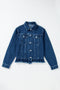 Navy Blue Ruffle Raw Hem Flap Pockets Denim Jacket