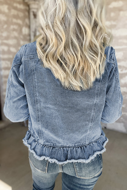 Denim Blue Ruffle Raw Hem Jacket