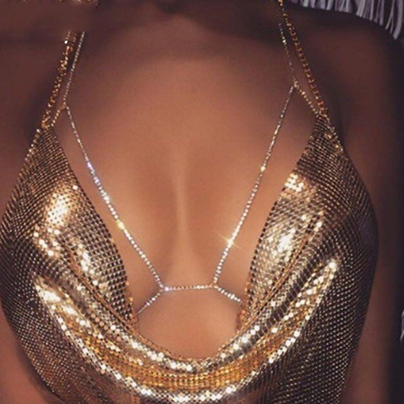 Rhinestone  Bikini Bra Like Chest Necklace Trendy Street Sexy Accessories