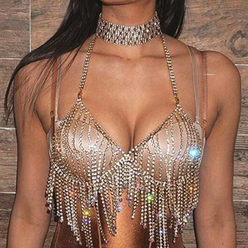 Sexy Beach Ornament Diamond Tassel Body Cha Bikini Chest Necklace Rhinestone Underwear Bra Accessories