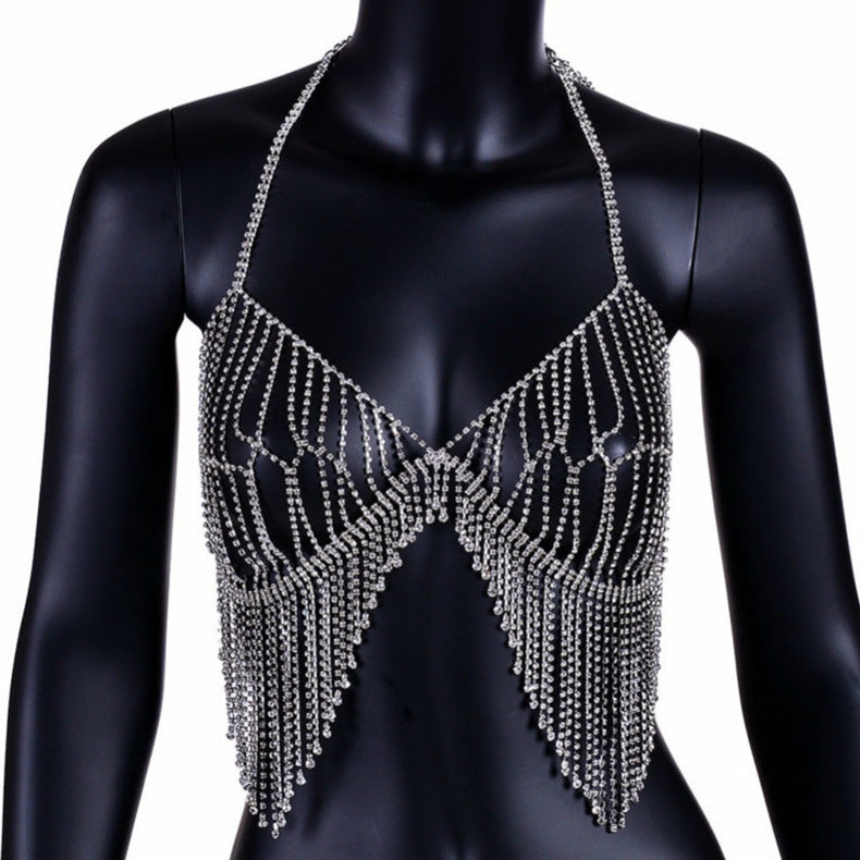 Sexy Beach Ornament Diamond Tassel Body Cha Bikini Chest Necklace Rhinestone Underwear Bra Accessories
