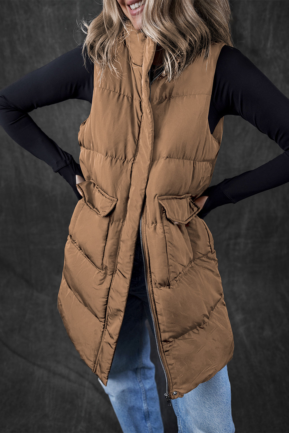 Camel Color  Longline Full Zipper Puffer Vest with Pockets