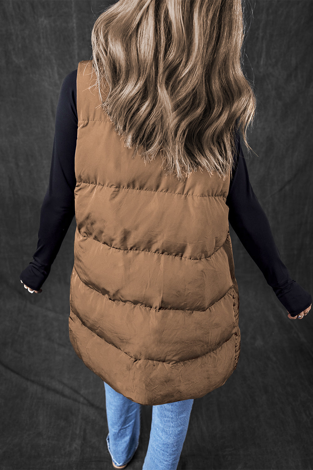 Camel Color  Longline Full Zipper Puffer Vest with Pockets