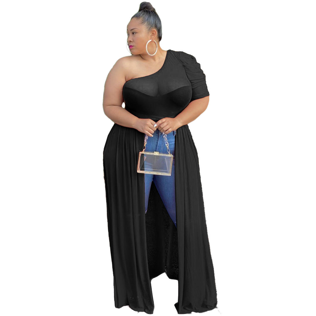 Plus Size Sexy Sheer Mesh One Shoulder Maxi Dress-Top