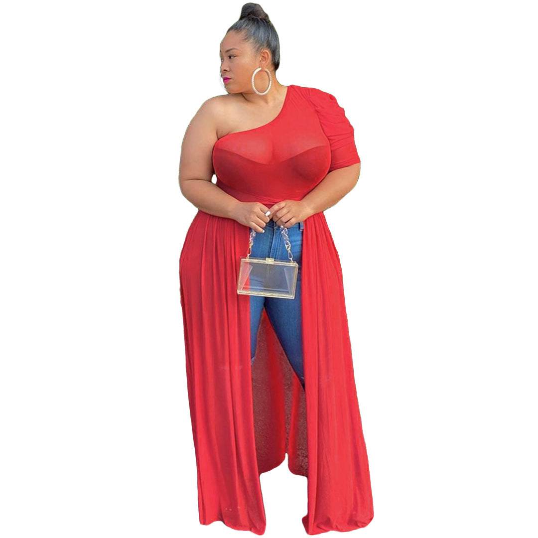 Plus Size Sexy Sheer Mesh One Shoulder Maxi Dress-Top
