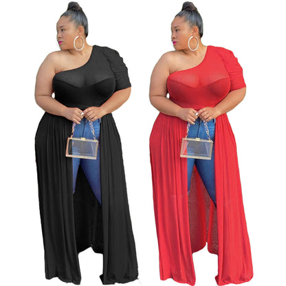 Plus Size Sexy Sheer Mesh One Shoulder Maxi Dress-Top